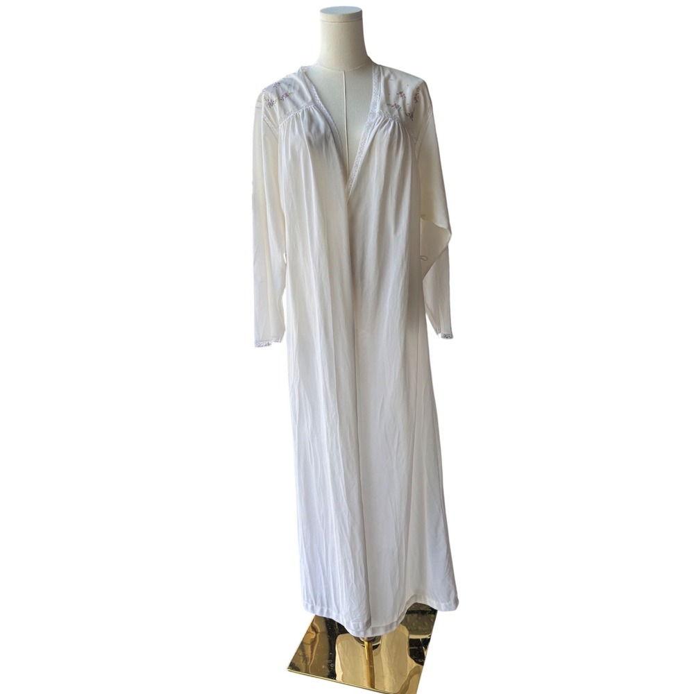 Vintage JC Penney Nightgown Women's L White Nylon Floral Lace Grannycore Nightie